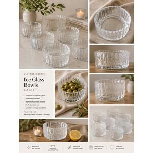 Vintage Ice Glass Bowls Set of 6 Scandinavian Style Textured Glass ✨